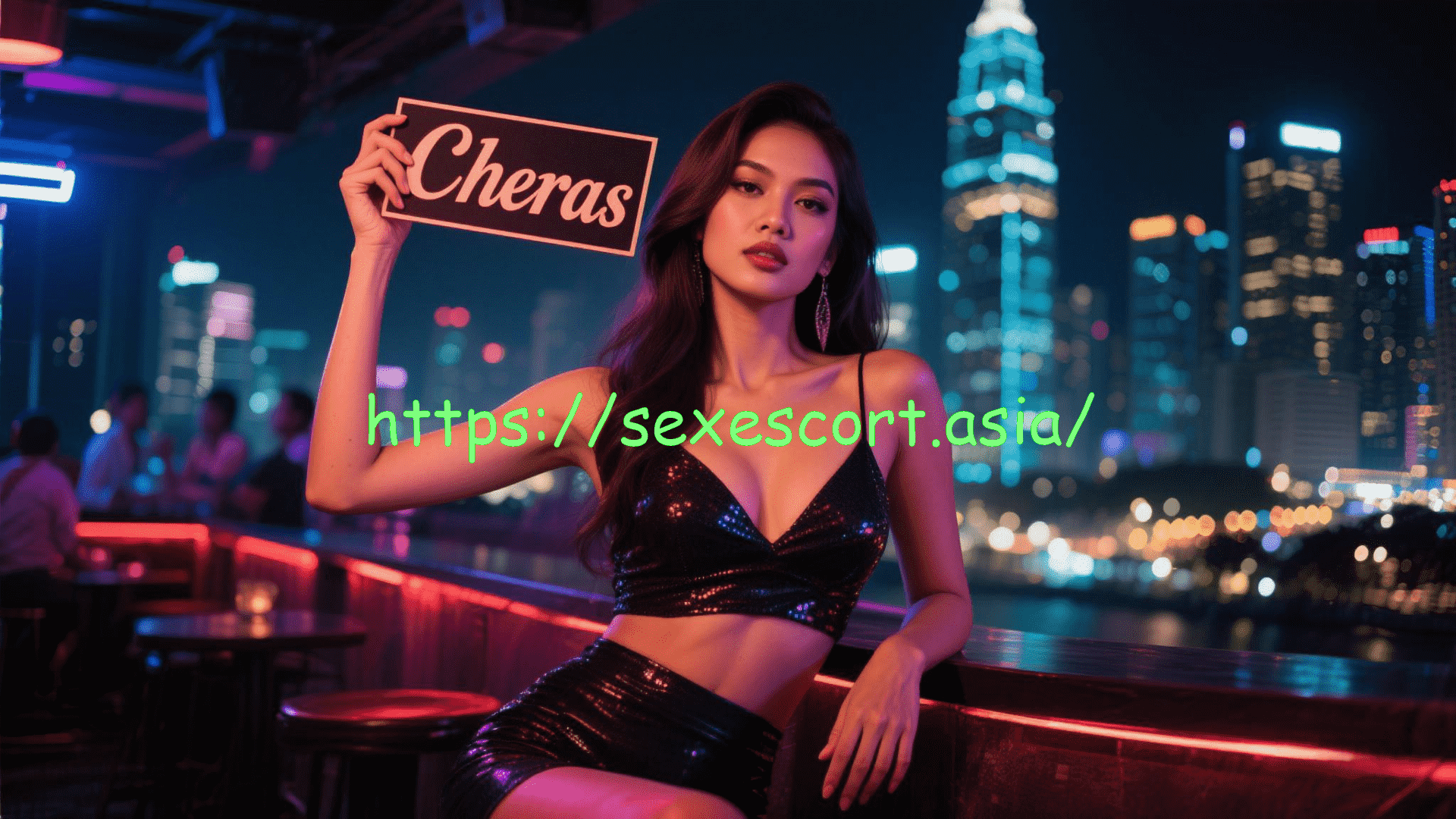 Woman holding "Cheras" sign, city backdrop. Experience the allure of Cheras escort services.