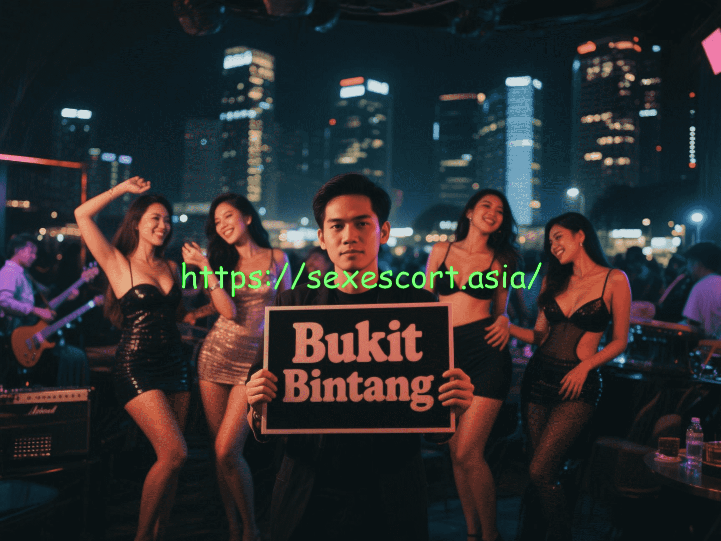 Man holding "Bukit Bintang" sign with women in background.