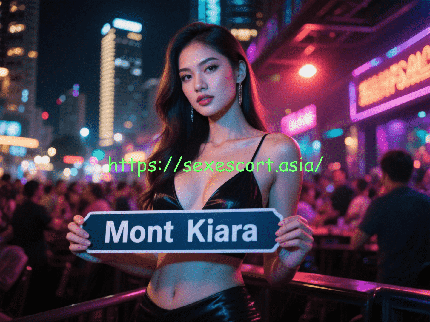 Woman holding "Mont Kiara" sign in a vibrant city setting.