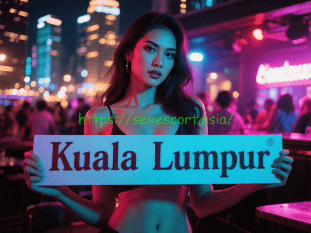 Woman holding "Kuala Lumpur" sign in vibrant KL nightlife.