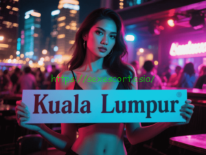 Woman holding "Kuala Lumpur" sign in vibrant KL nightlife.