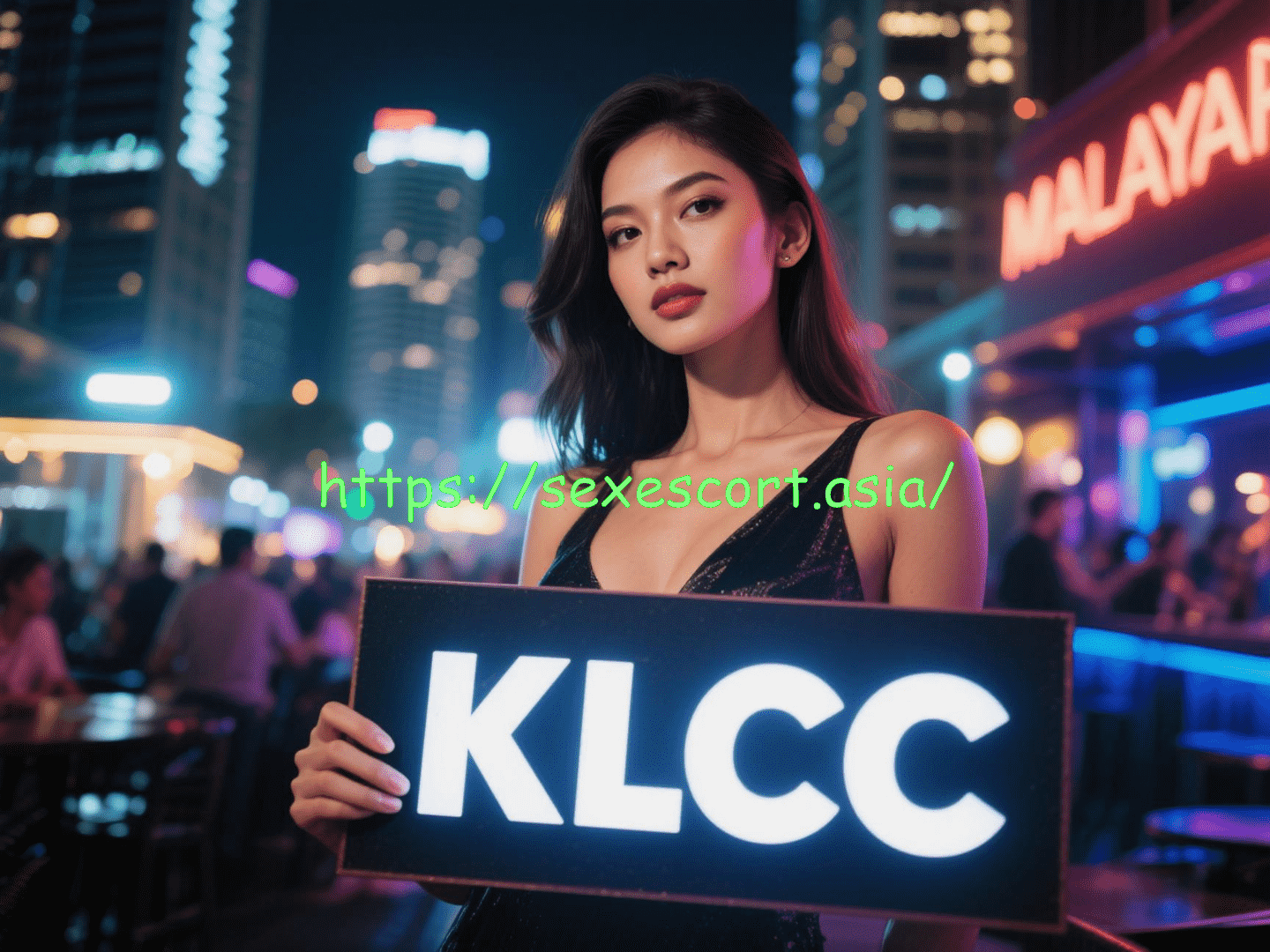 Attractive woman holding a sign that says "KLCC" in a city at night.