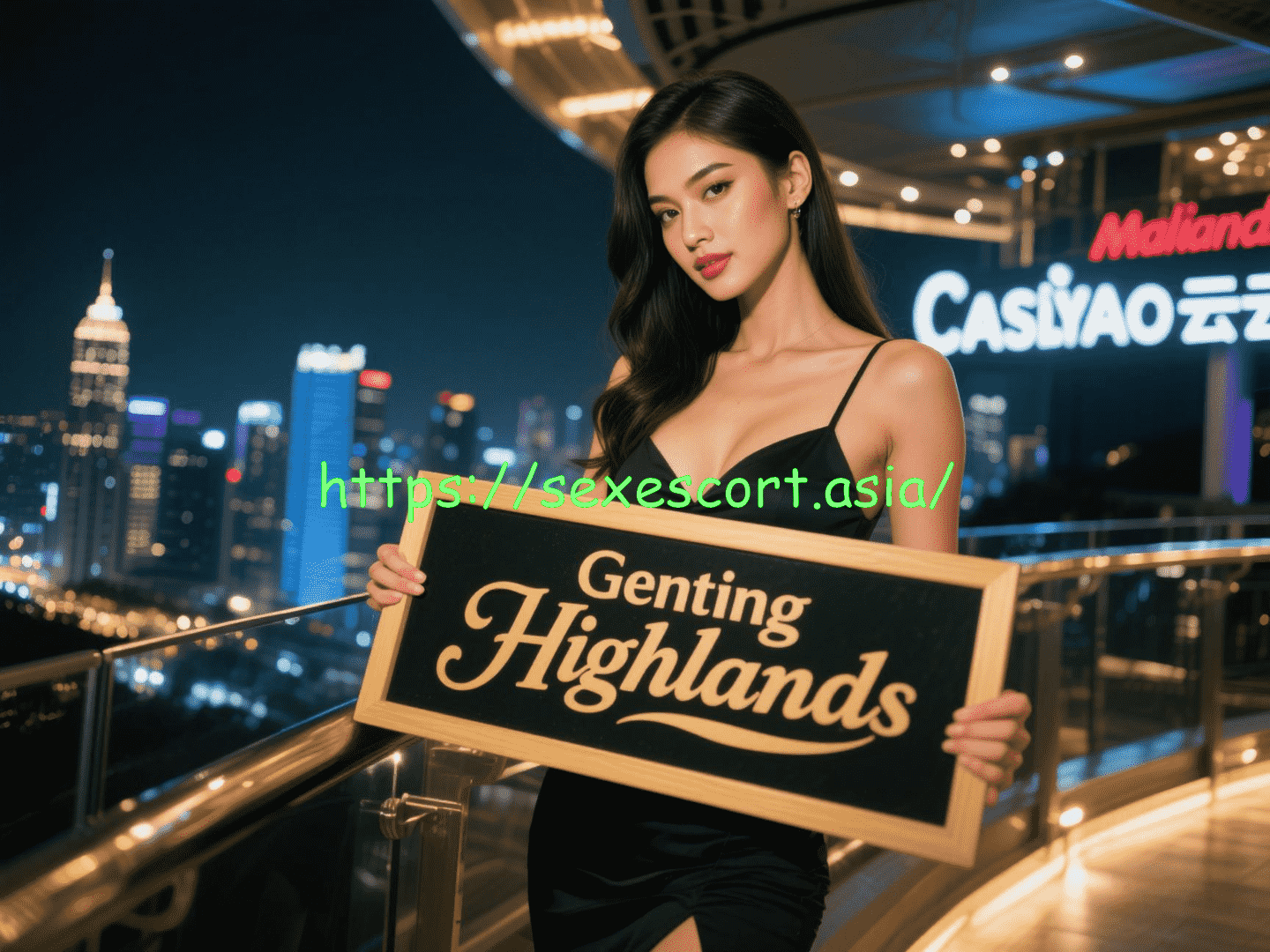 Woman holding "Genting Highlands" sign at night.