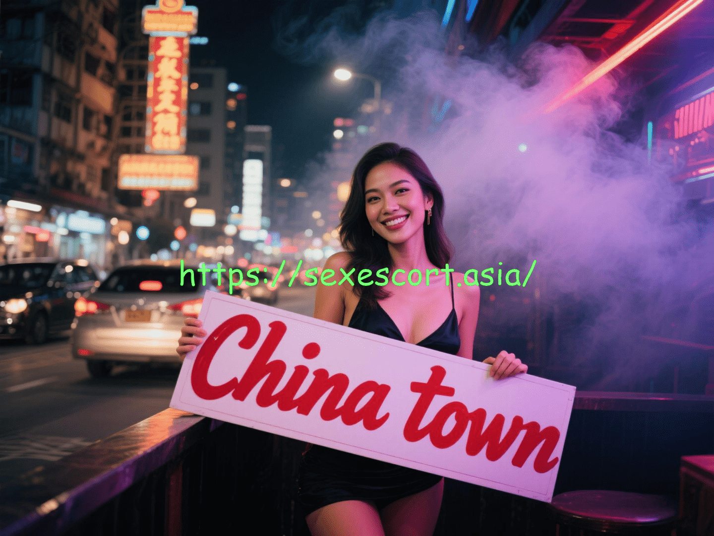 Woman holding "China Town" sign in vibrant Chinatown setting.