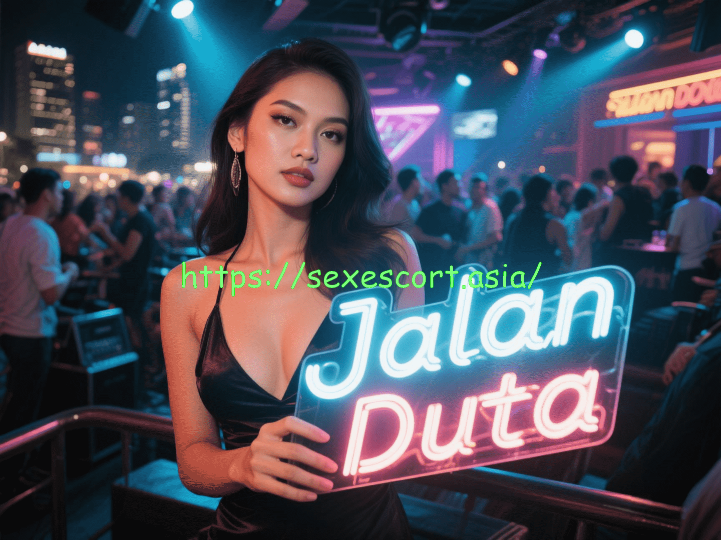 Woman holding "Jalan Duta" neon sign in nightclub