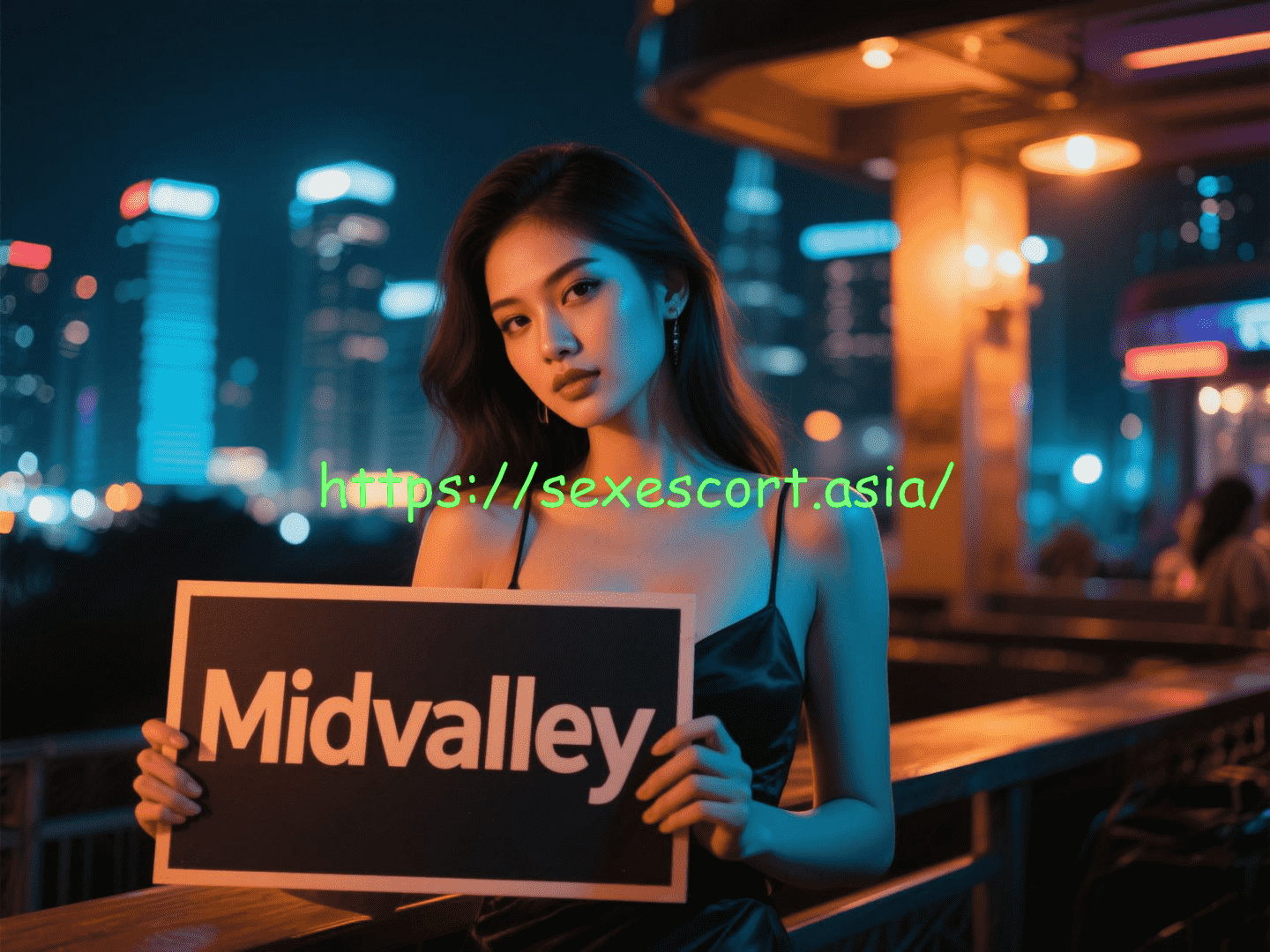 Woman holding sign: Midvalley. Stylish, nighttime setting.