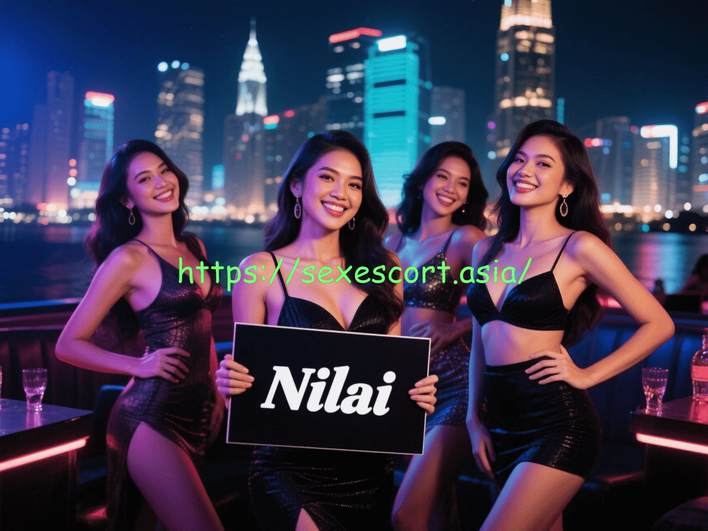Four women in glamorous outfits at a nighttime party, holding a sign that says "Nilai".