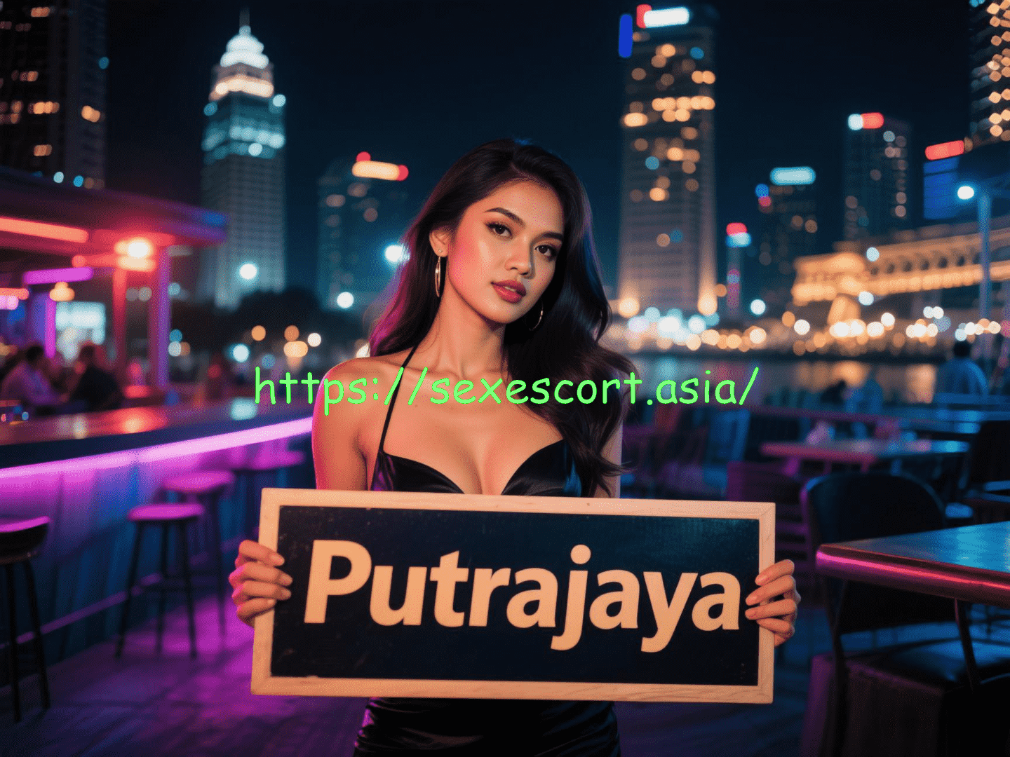 Woman holding a sign that says "Putrajaya" in front of a city skyline at night.
