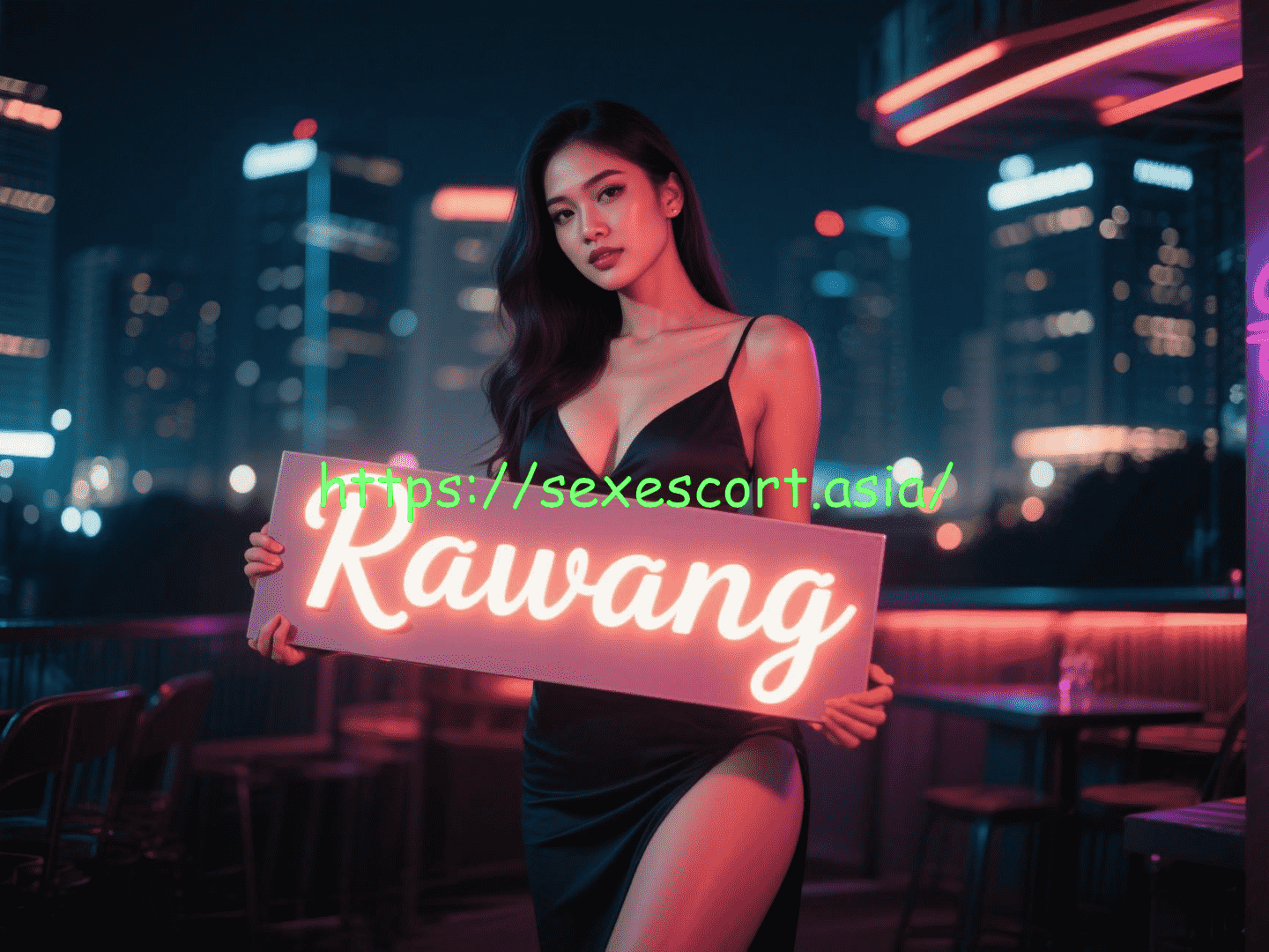 Woman holding a sign that says "Rawang" in a city at night. Rawang escort services.