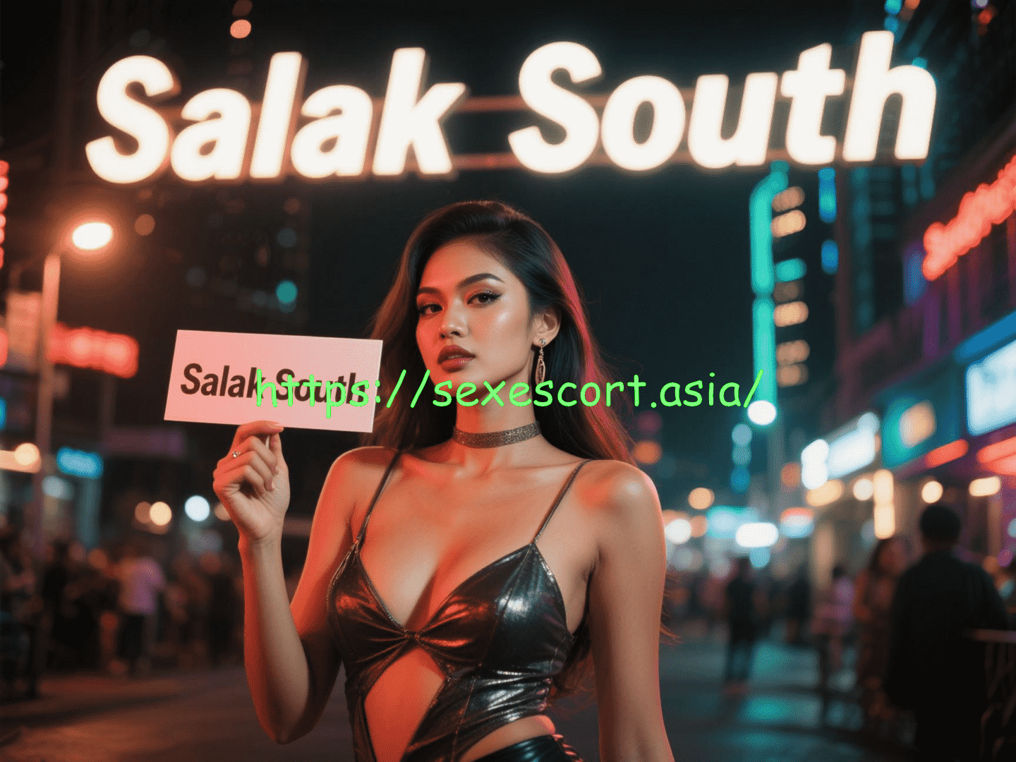 Woman holding a sign that says "Salak South" in front of a city night scene.