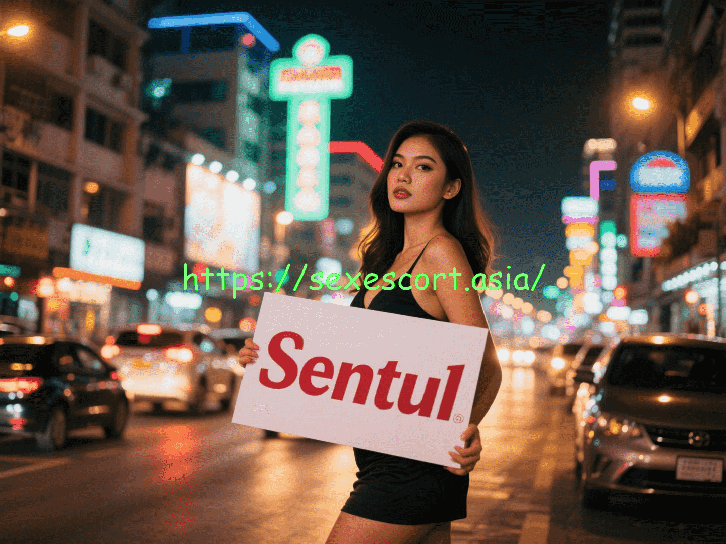 Woman holding a "Sentul" sign in a city at night.