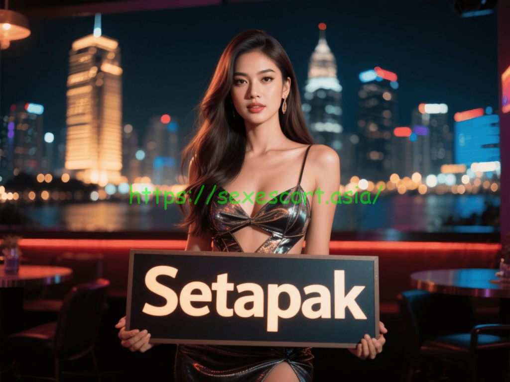 Woman holding a sign that says "Setapak" in a glamorous setting.