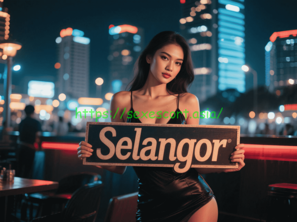 Woman holding a "Selangor" sign in a city at night.