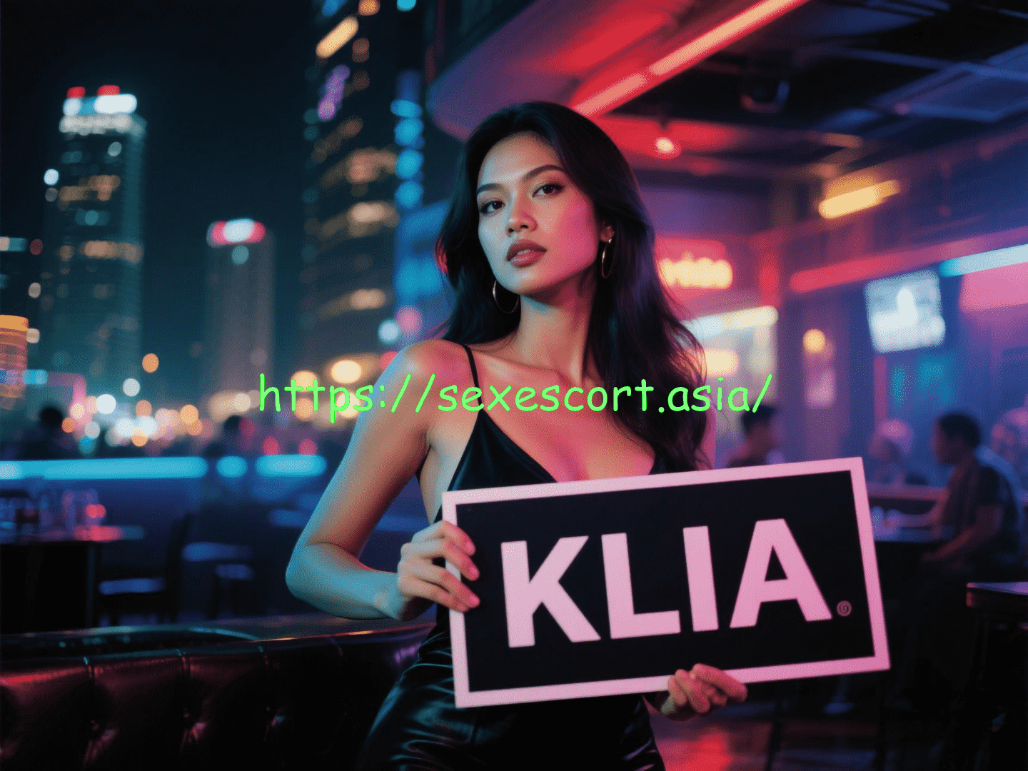 Woman holding sign that says "KLIA" in a nightclub. KLIA Escort Services.