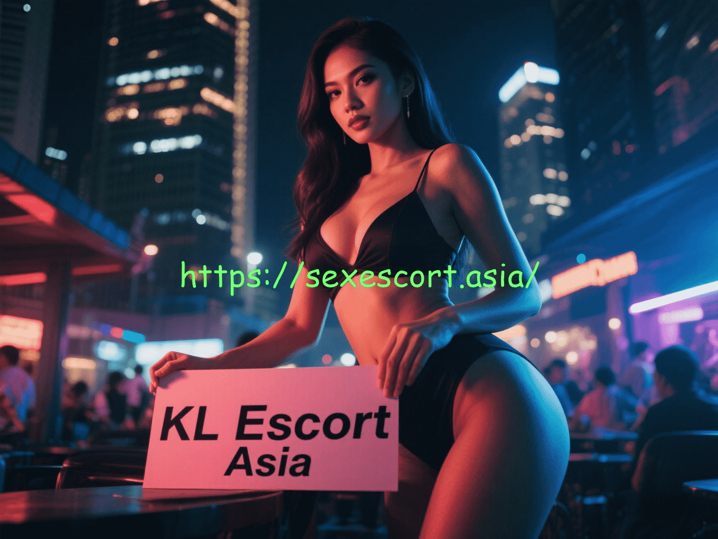 Woman holding a sign that says "KL Escort Asia," advertising services at KLEscort.asia