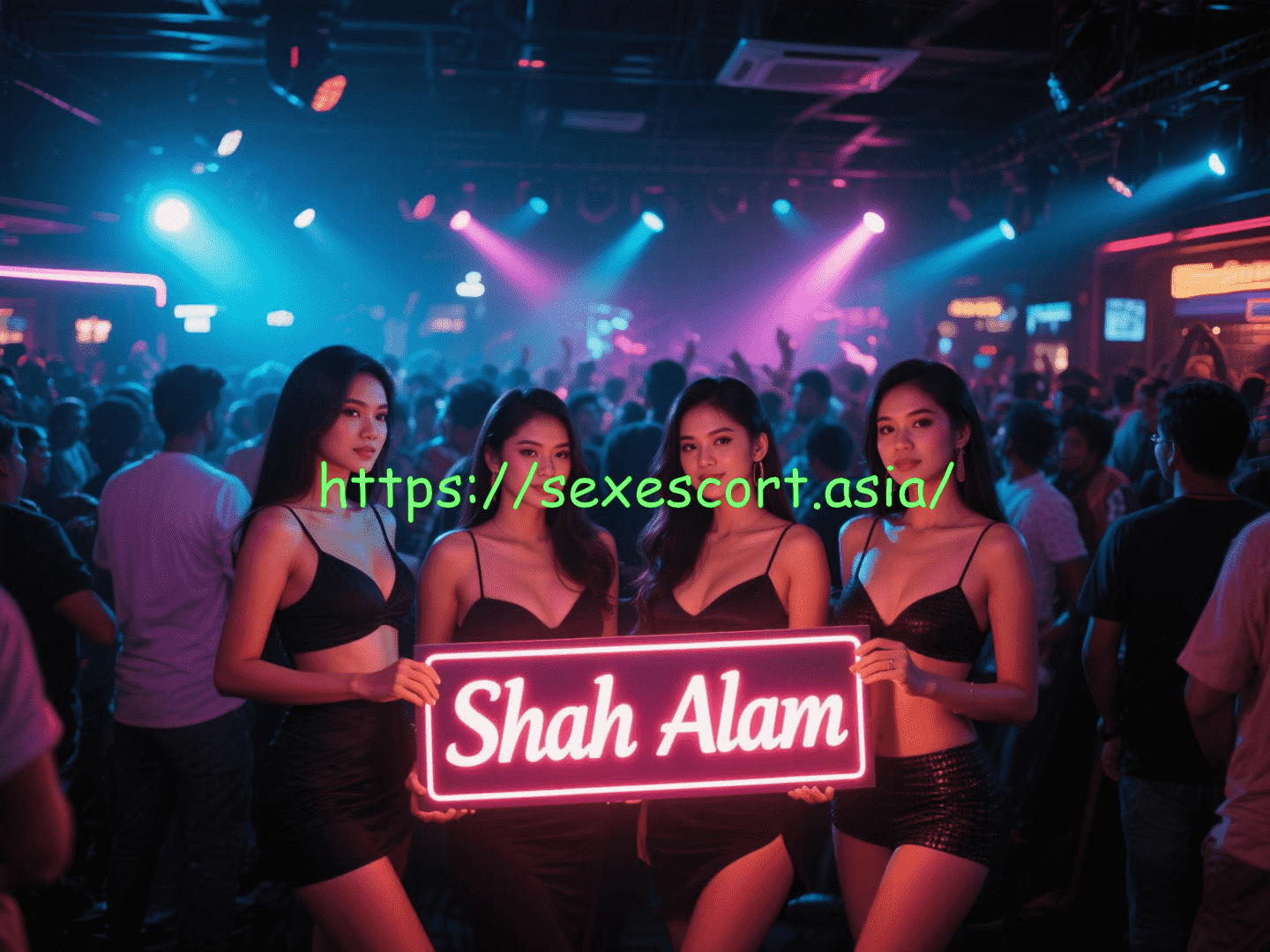 Four women holding a sign that says "Shah Alam" in a nightclub.