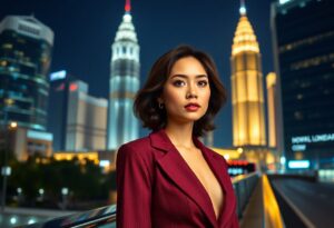 Confident woman in red blazer, Kuala Lumpur cityscape background
