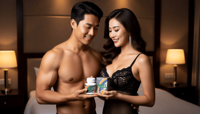 Couple holding CIALIS TADALAFIL 100MG pills. Man shirtless, woman in lingerie.