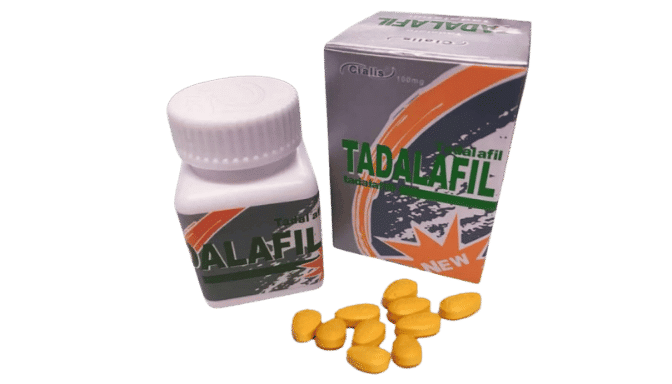 Tadalafil 100mg pills: bottle, box, and loose tablets. Cialis alternative.