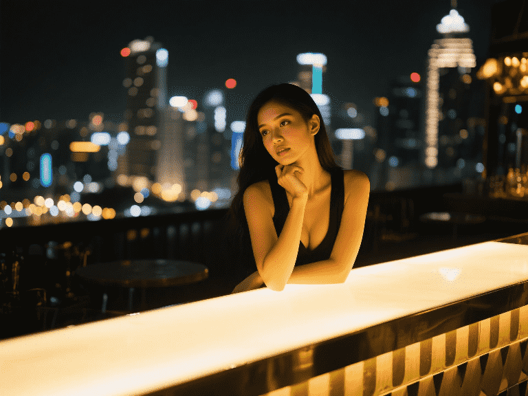 Woman at rooftop bar with city lights. Booking ethics may be important for respectful encounters.