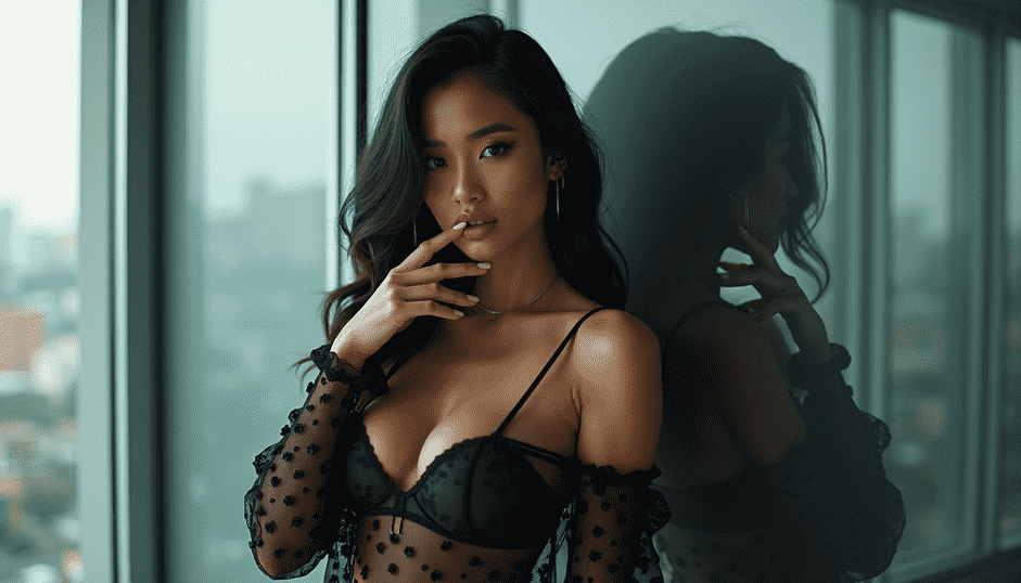 Young Asian woman in black lingerie poses by a window with city view