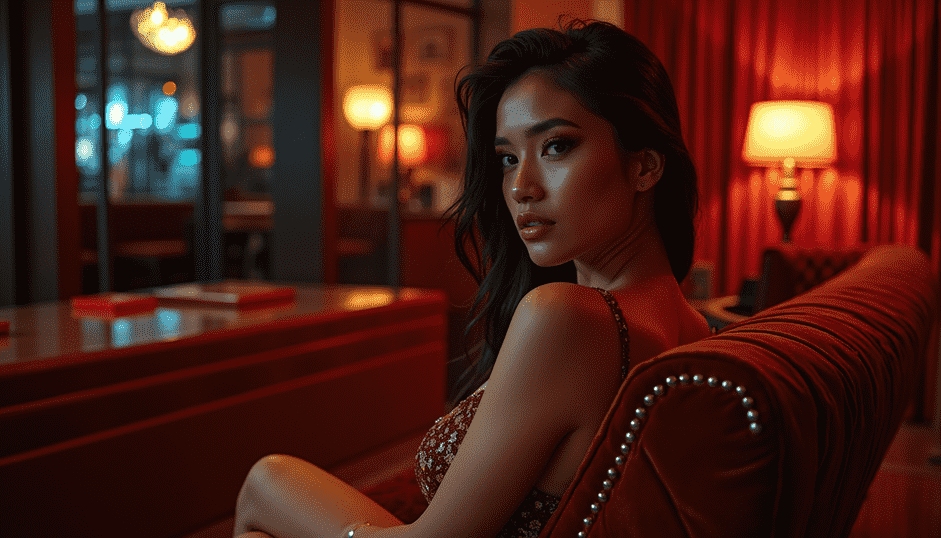 Elegant woman in a red velvet chair, soft lighting.