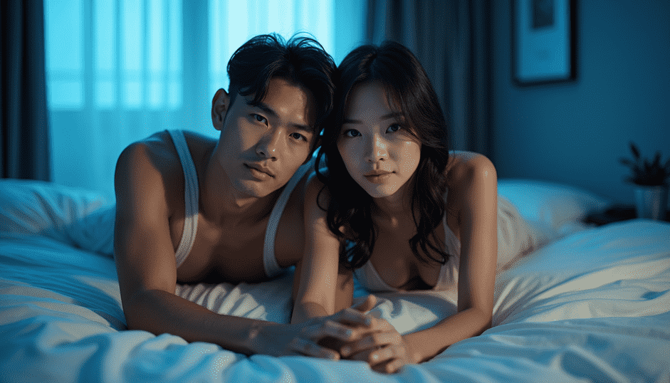 Couple in bed at night, intimate moment