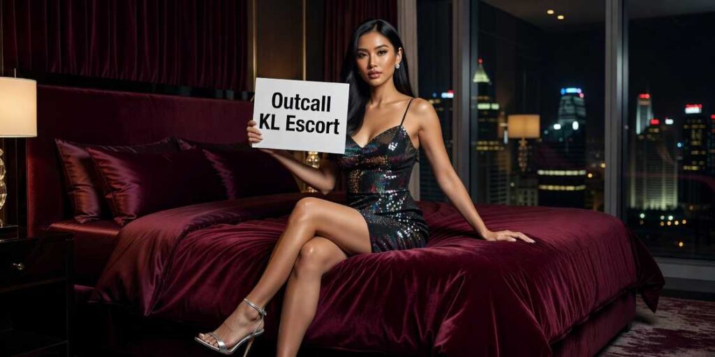 Woman holding sign with "Outcall KL Escort" text, seated on bed