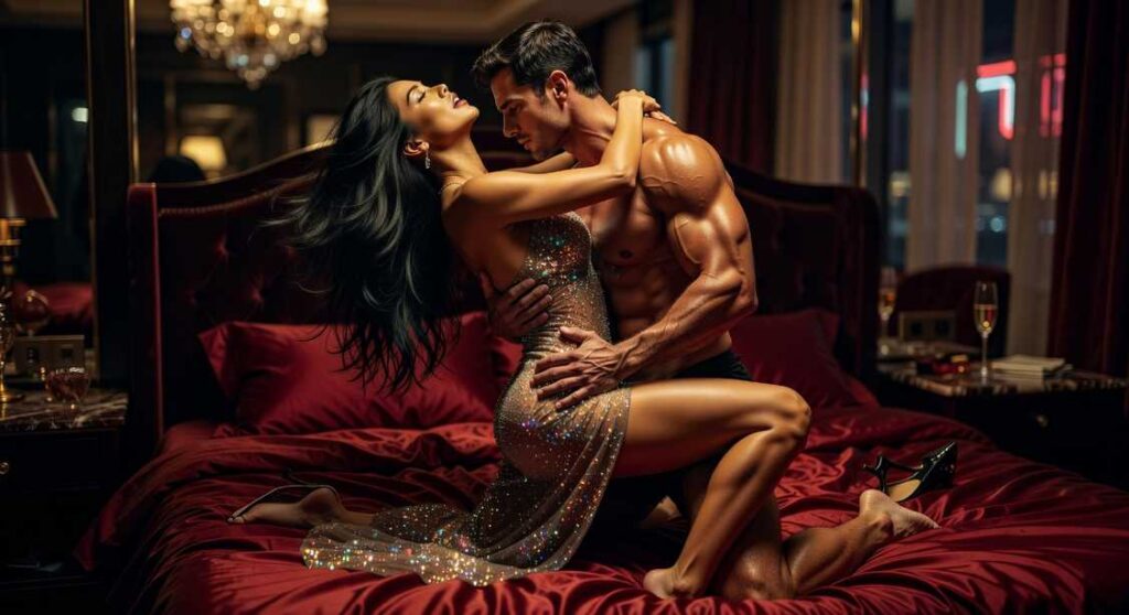 Couple embracing passionately on a red satin bed in a luxurious room.