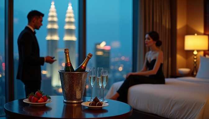 Couple celebrating with champagne in a luxury hotel room with city view