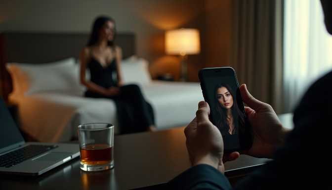 Man on phone with woman's photo, woman in background