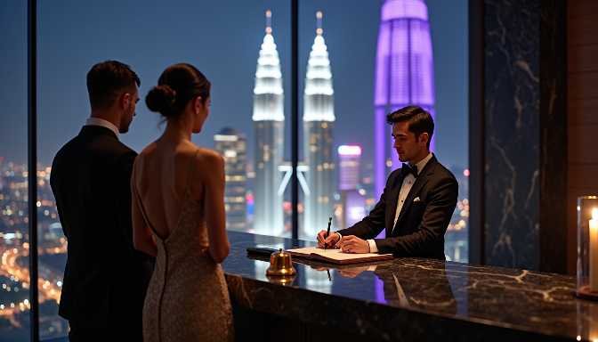 Couple checking in at a luxury hotel reception with city skyline view
