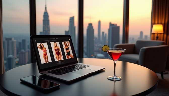 Laptop displaying swimwear options next to a cocktail, with city skyline view