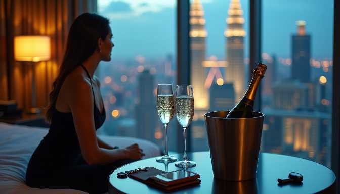 Woman with champagne glasses and bottle overlooking city skyline at night