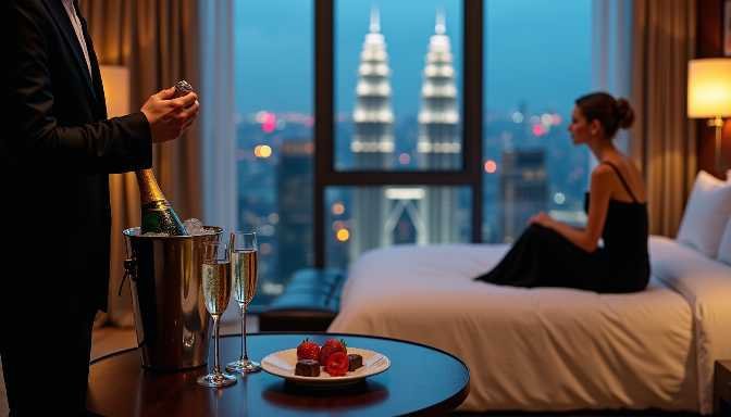 Couple celebrating with champagne in a luxury hotel room with city views