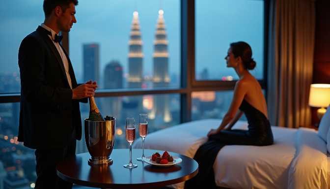 Couple in formal wear with champagne in a luxury hotel suite overlooking city skyline