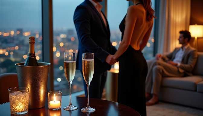 Couple toasting champagne in luxury hotel suite with city view