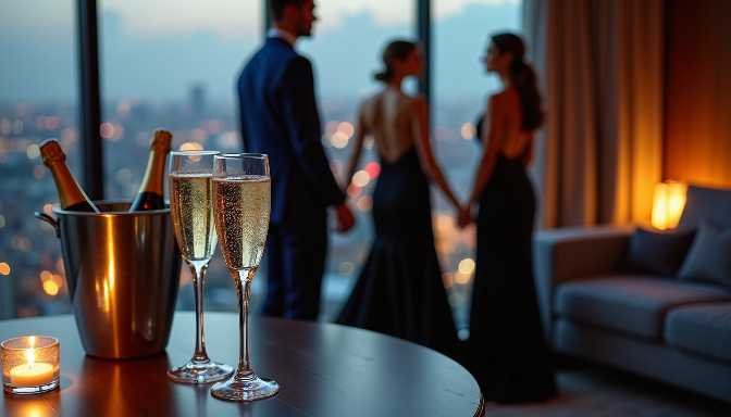 Couple in formal wear toasting champagne with city view
