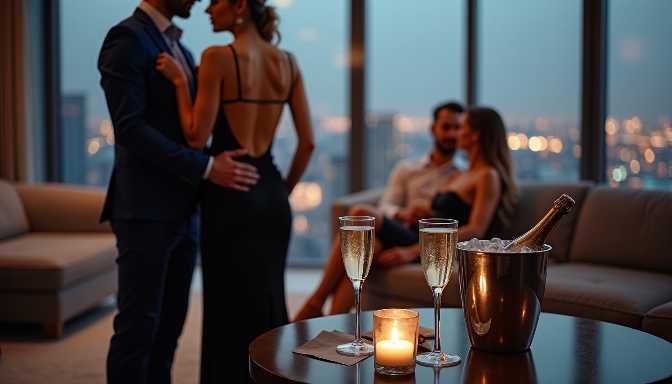 Couple in formal wear with champagne glasses and bottle at a table
