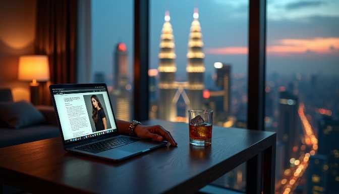 Laptop with article and drink on table with Kuala Lumpur skyline at night