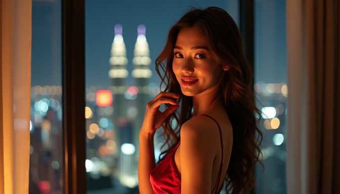 Woman in red dress by window with city lights at night