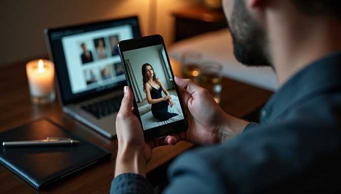 Man reviews photos of a woman on a smartphone, laptop, and tablet.