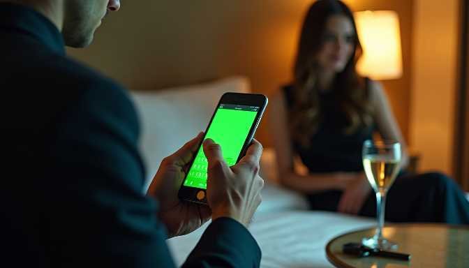 Man holding a smartphone with a green screen, woman in background