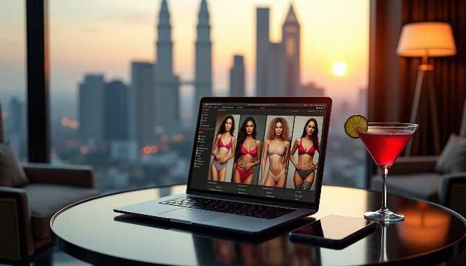 Laptop displaying fashion models in swimwear with a city skyline sunset view.