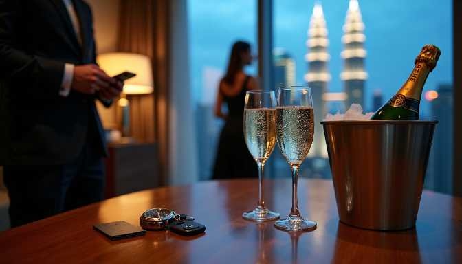 Champagne in ice bucket with city skyline view