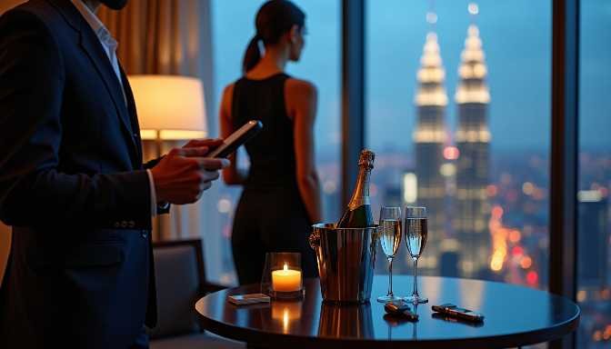 Couple in luxury hotel suite with city view, champagne, and city lights