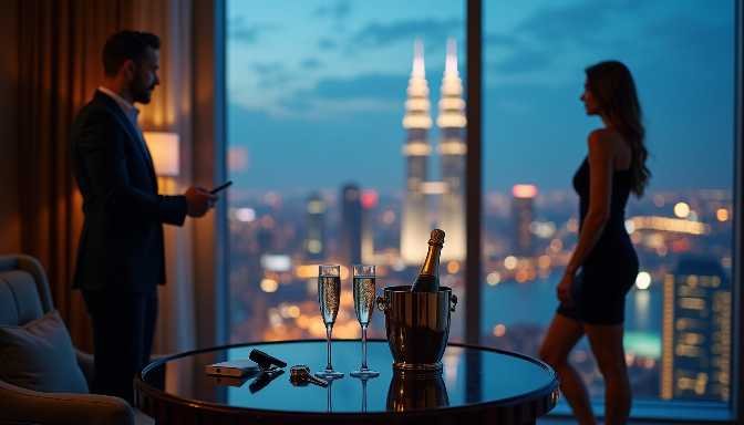 Couple in luxury hotel suite with city skyline view, champagne