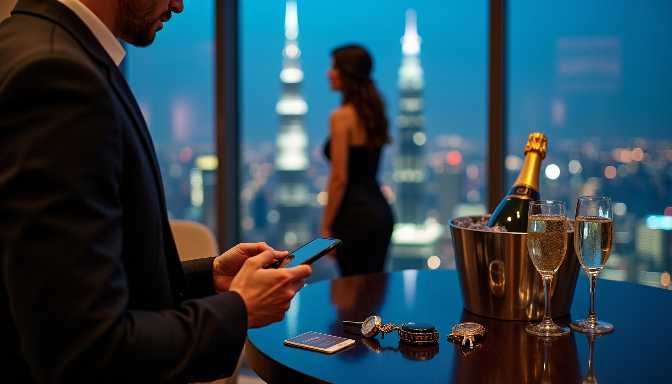Man in suit with phone and champagne, city view at night