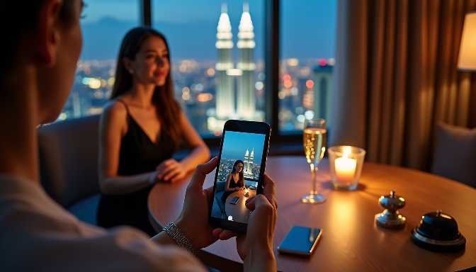 Couple taking a selfie in a hotel room with city skyline view