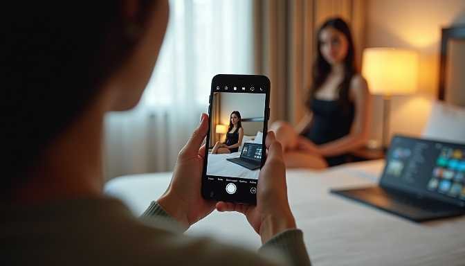 Person using smartphone to photograph woman in hotel room with laptop